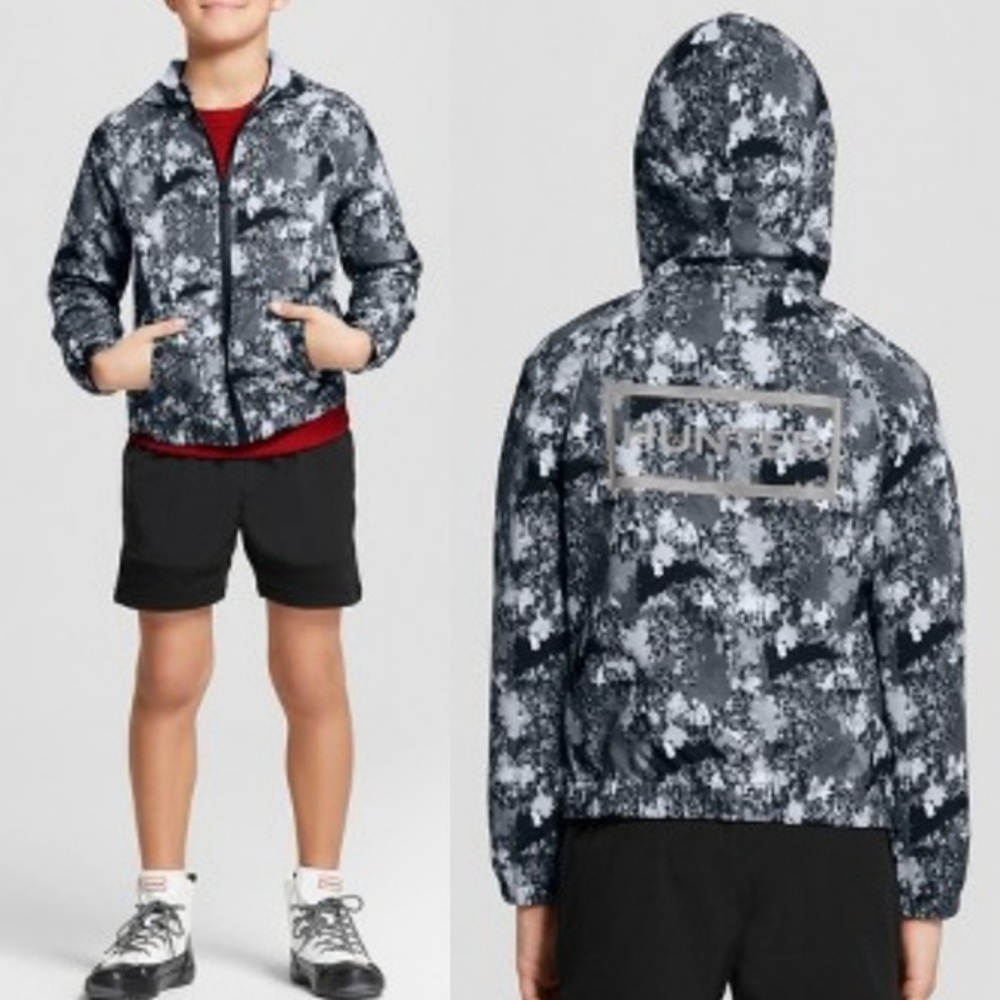 Hunter for Target Boy’s Grey Camo Zip Up Hooded Rain Jacket EUC